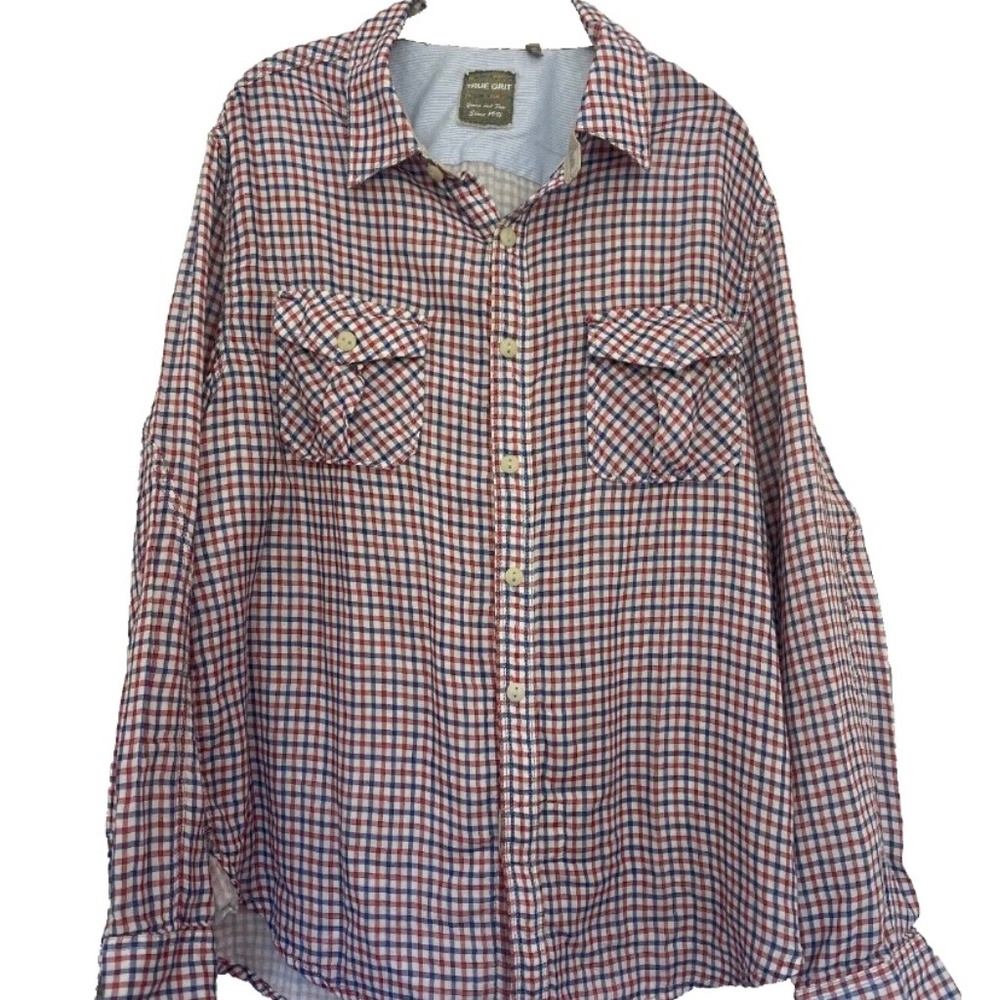 True Grit Medium Button Front Shirt Red White Blue